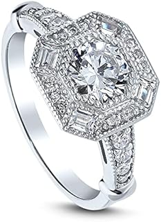 BERRICLE Sterling Silver Halo Wedding Engagement Rings Octagon Sun Cut Cubic Zirconia CZ Art Deco Ring for Women, Rhodium Plated Size 4-10