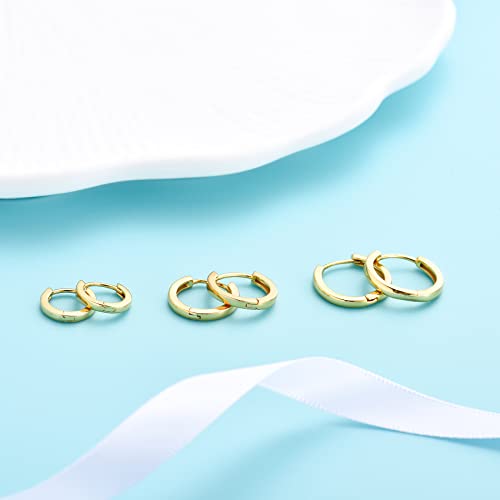 Small Cartilage Hoop Earrings for Women Men Girls, 3 Pairs Hypoallergenic Sterling Silver Post Huggie Earrings, 8/10/12mm, Silver/Gold/Black