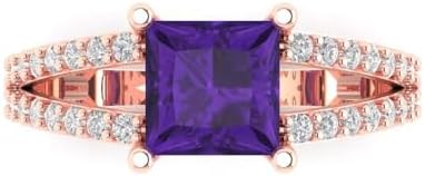 2.44 ct Princess Cut Natural Amethyst 14k White Gold Solitaire with Accents Wedding Engagement Bridal Promise Ring