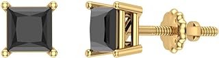 Black Diamond Stud Earrings for Women Men Princess Cut 14K Gold Gift Box Authenticity Cards