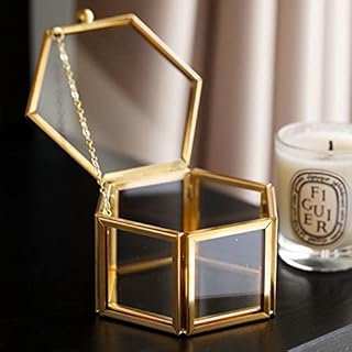 Gold Metal Hexagonal Keepsake Wedding Ring Box with Hinged Clasp by WHSLILR - Vintage Glass Jewelry Holder - Ideal for Women's Ring, Earring, and Trinket Storage