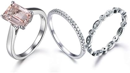3pcs Wedding Ring Set,7x9mm Emerald Cut Peach Pink Morganite Plain Band Solitaire Diamond Matching Bands