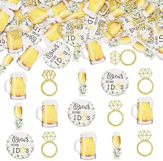 JOYMEMO Bridal Shower 200 Pieces Brews Before I Dos Confetti, Scattered Diamond Engagement Ring Designed in Gold and Green Paper, Perfect for Bachelorette or Engagement Party Decorations