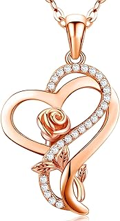 Mother's Day Sterling Silver Heart Rose Pendant Necklace with Cubic Zirconia on Snake Chain - Elegant Birthday Jewelry Gift for Mom, Girlfriend or Wife