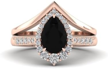 4 CT Art Deco Black Onyx Engagement Ring Set Black Stone Chevron Ring Black Engagement Ring Pear Shaped Ring Black Diamond Bridal Wedding Ring