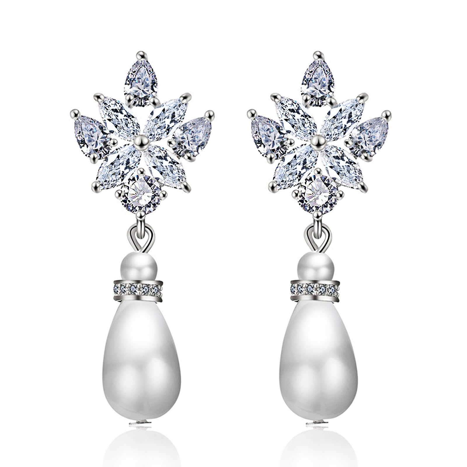 Elegant Pearl Drop Earrings by KAM-SEABOW, Bridal Statement Jewelry Sparkling Pearl Cluster Earrings, Silver Rhinestone Accents for Wedding and Party