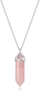 MORGAN & PAIGE .925 Sterling Silver Plated Rose Quartz Crystal Mineral 40x10mm Hexagonal Point Pendulum Chakra Pendant Necklace, 32" + 2" Extender