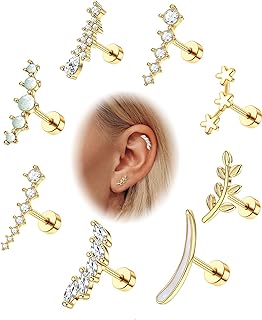 Screw Back Conch Stud Earrings - Jstyle 8 Piece 316L Stainless Steel Cartilage Jewelry Set with Cubic Zirconia and Opal Gems for Women and Girls - Various Designs Including Leaf and Bar Helix