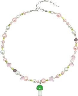 Y2K Pearl Beaded Choker Necklace Friendship Mushroom Pendant Necklace for Women Teen Girls Handmade Boho Summer Jewelry