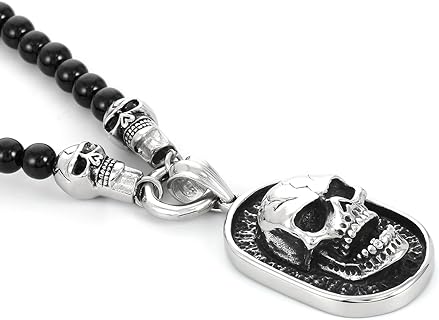 Gothic Skull Necklace for Men,Mens Beaded Necklace with Stainless Steel Skull Shield Pendant Fasion Black Onyx Beads Jewelry