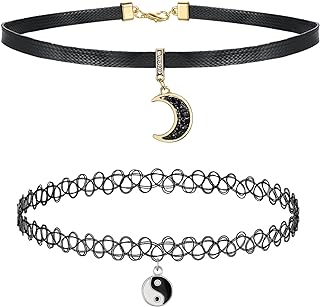 Yin Yang Faux Leather Choker Necklace with Cable Chain, Perfect for Girls and Women, Half Moon and Goth Henna Tattoo Design