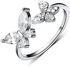 Delicate CZ Butterfly Wrap Finger Band 925 Sterling Silver Rhinestone Crystal Open Statement Rings Promise Engagement Ring Wedding Band Adjustable Dainty Jewelry Gifts for Women Girls