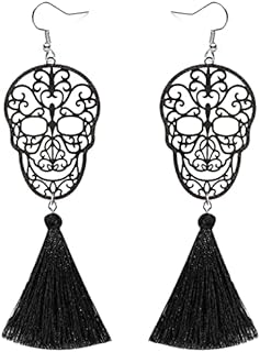 Halloween Skull Tassel Drop Dangle Earrings Black Women Girls' Handmade Punk Gothic Skeleton Fashion Statement Jewelry Lightweight Dead Day Cosplay Costume Party Favor Gift