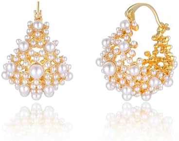 Dainty Pearl Hoop Earrings for Women, 14K Gold Plated Brass with Latch Back - Elegant Statement Jewelry Gift