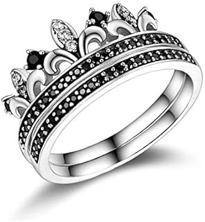 925 Sterling Silver Spinel Stackable Engagement Ring Set, Stylishly Versatile Jewelry for Women, Black-Gemmed Crown Design