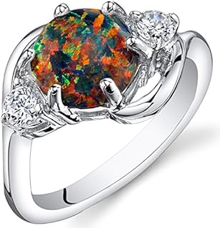 PEORA Created Black Fire Opal Ring for Women 925 Sterling Silver, Stunning Three Stone Design, 1.75 Carats Round Shape 8mm, Sizes 5 to 9