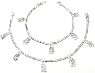 Duel On Jewel Handmade Ethnic Indian Pakistani 925 Sterling Silver Anklet Payal Enamel Charms Jhanjar Pair for Women - Beach Party Wedding Mothers Day Ramadan Eid Gift