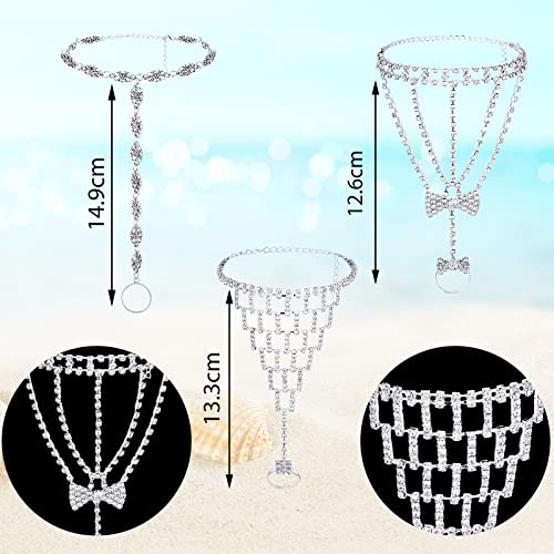 6 Pieces Rhinestone Anklets Barefoot Sandals Silver Feet Chain with Toe Ring Beach Wedding Beaded Anklet Jewelry for Women Girls