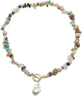 Boho Statement Necklace for Women, Vintage Multicolor Charm Necklace with Natural Gemstones and Baroque Pearl Pendant, Summer Bohemian Jewelry