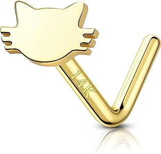 COCHARM 14K Solid Gold Nose Stud 20g, Yellow Gold Cat Nose Stud 7mm Long L Bend Nose Piercing 14kt Real Gold Flat Nose Ring Stud Hypoallergenic Press Fit Nose Jewelry