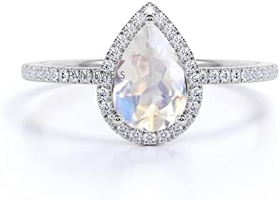 Bridal Ring Set Pear Cut Created Moonstone Teardrop Halo Engagement Ring Wedding Band in 925 Sterling Silver