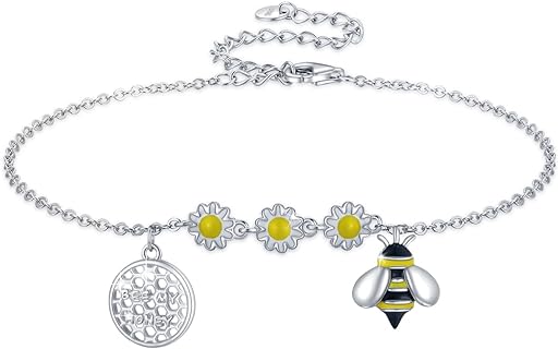 Bee Daisy Bracelet 925 Sterling Silver Honeybee Bracelet Adjustable Daisy Charm Bracelet Bee Gifts for Women Girls Girlfriend