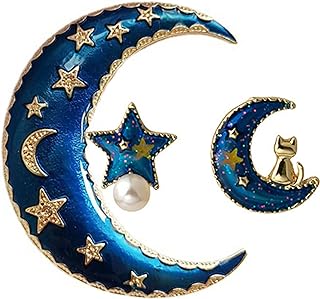 Blue Simple Oil Ddripping Mmoon Brooch Pin, Star Moon Ear Studs,Lovely Temperament Brooch for Women