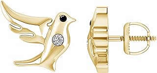 Pretty Jewels 0.05ct Round Cut Black and White Diamond Flying Dove Stud Earrings with Gold Plated Silver and Secure Screw Back, Exquisite Design for Women