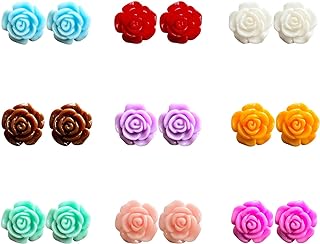 Just Follow 9 Pairs Boho Assorted Colors Resin Coral Rose Flower Earring Studs Set Small Cute Vacation Earrings Studs for Women Girl with Gift Box