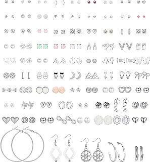 SAILIMUE 69-84 Pairs Assorted Multiple Stud Earrings Hoop Set Dangle Cute Hypoallergenic Earrings CZ Bow Butterfly Flower Leaf Ball Simple Drop Earrings Stud for Women Pack