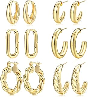 Gold Hoop Earrings Set for Women, 6 Pairs 14K Gold Plated Lightweight Hypoallergenic Chunky Open Hoops Jewelry for Gift