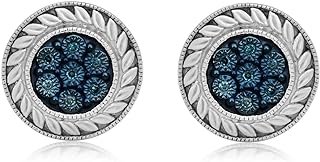 Jewelili Sterling Silver Blue, White, Champagne Diamond Accent Round Stud Earrings
