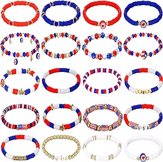 Henoyso 20 Pcs Patriotic Heishi Surfer Bracelets for Women Girls, 4th of July American Flag USA Stackable Bracelets Rainbow Friendship Polymer Clay Stretch Vinyl Disc Beaded Bracelets