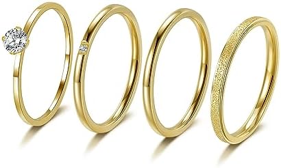 MDFUN 4 Pcs 18K Yellow Gold Plated Stainless Steel Stackable Rings Set for Women, Round Cubic Zirconia Thin Stacking Ring Simple Engagement Statement Rings Bands Set Size 5-10