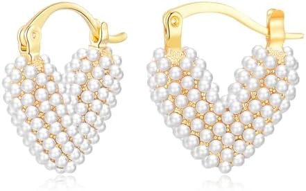 KesaPlan Women's Small Pearl Hoop Earrings, Crafted in 14K Gold Plated Hypoallergenic Copper - Lever Back Design for Comfortable Wear