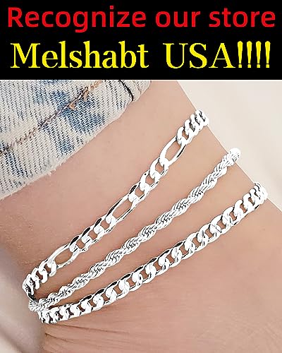 Sterling Silver Ankle Bracelets for Women Strong Lobster Clasp - Cuban Link, Figaro, Rope, Flat Mariner, Snake Herringbone, Satellite, Paperclip - Summer Beach Waterproof Silver Anklet