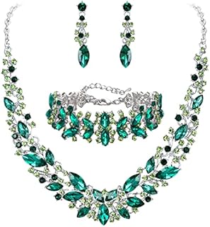 BriLove Women's Emerald Austrian Crystal Necklace & Earrings with Lobster Clasp - Wedding Bridal Jewelry Set