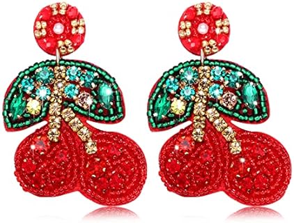 Beaded Push-back Cherry Dangle Earrings for Women, Vibrant Summer Fruit Design with Alloy Metal Type