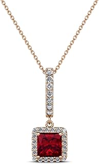 Elegant 14K Rose Gold Pendant Necklace with Princess Cut Ruby & Round Diamond Halo, 0.61 ctw - Perfect For "The Stylish Woman" - Features 18" Chain Length