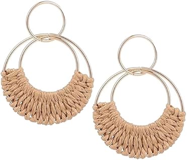Rattan Weave Earrings Boho Summer Raffia Hoop Dangle Earrings for Women Girls Bohemian Raffia Braid Straw Wicker Round Drop Earrings Lightweight Beach Party Statement Earrings Jewelry Gifts