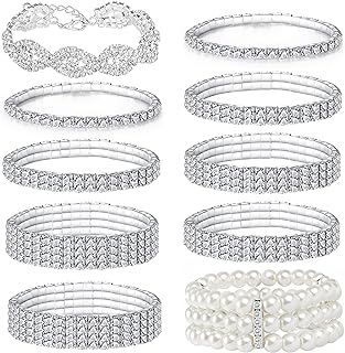 10-Piece Cubic Zirconia Rhinestone Stretch Bracelets for Women, Tennis Bangle Style with Stacked Design, Bridal and Everyday Wear, Zinc Metal