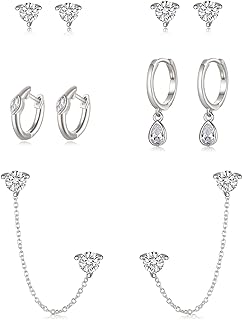 Stud and Hoop Chain Earrings Set with Cubic Zirconia Accents for Women, Hypoallergenic Silver with Secure Push Back Design