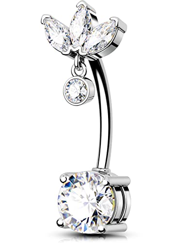 OUFER Belly Button Rings, 316L Surgical Steel Belly Rings, Clear CZ Dangle Belly Button Piercing, 14G Reverse Belly Piercing Jewelry, Long Belly Rings For Women Men