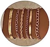 14K Gold Plated Link Chain Bracelet Set for Women and Girls with Lobster Claw Clasp, No Gemstone, Stackable Layered Design, Made in USA