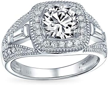 Personalize Vintage Antique Art Deco Style 2CT AAA CZ Pave Halo Square Cushion Cut Solitaire Engagement Ring For Women .925 Sterling Silver Split Baguette Side Stone Milgrain Edge Band Customizable