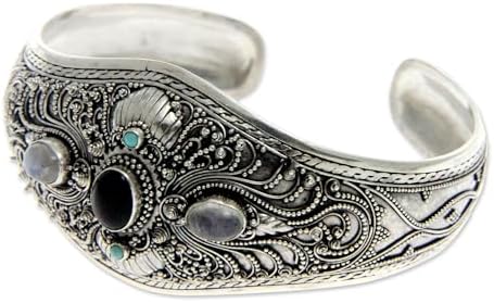 NOVICA Artisan Handmade Onyx Moonstone Cuff Bracelet Silver Sterling Reconstituted Turquoise Indonesia Birthstone Balinese Traditional [6.25 in L (end to End) x 1.2 in W] ' Radiant Bali'