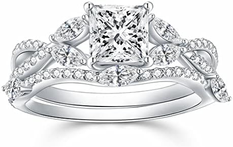 Blocaci Princess Cut Moissanite Bridal Wedding Ring Sets in 10K, 14K, 18K White Gold with Leaf Flower Design & Free Engraving