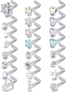 Prjndjw 44pcs 20G Nose Rings Studs Nose Rings for Women Nose Piercings Jewelry Surgical Stainless Steel Straight Nose Studs Moon Star Heart Butterfly Hypoallergenic for Men 44PCS