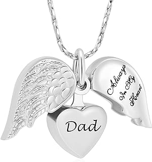 Imrsanl Stainless Steel Heart-Shaped Cremation Pendant Necklace with Tribute Angel Wing Charm & Secure Box Chain - A Keepsake Urn Locket for Family Memorials and Ash Remembrance