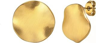 Irregular Round Coin Statement Stud Earring for Women Girls Unique Infinity Wedding Promise Fashion Stainless Steel Plated Gold Personality Minimalist Earring Jewelry Valentine's Day Gift Daughter Girlfriend